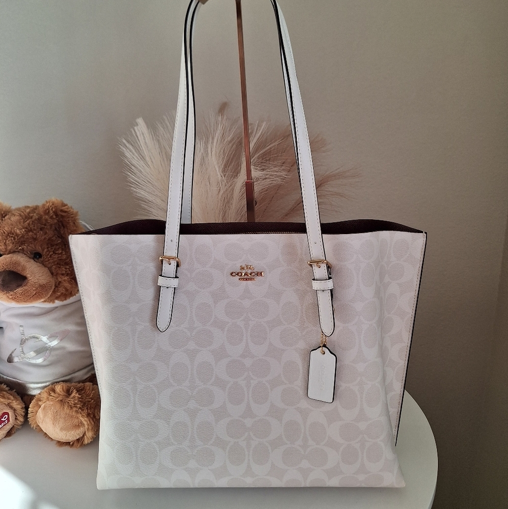 NWT COACH 1665 Mollie Tote Bag In Signature Canvas & Leather CHALK/GLACIER WHITE
